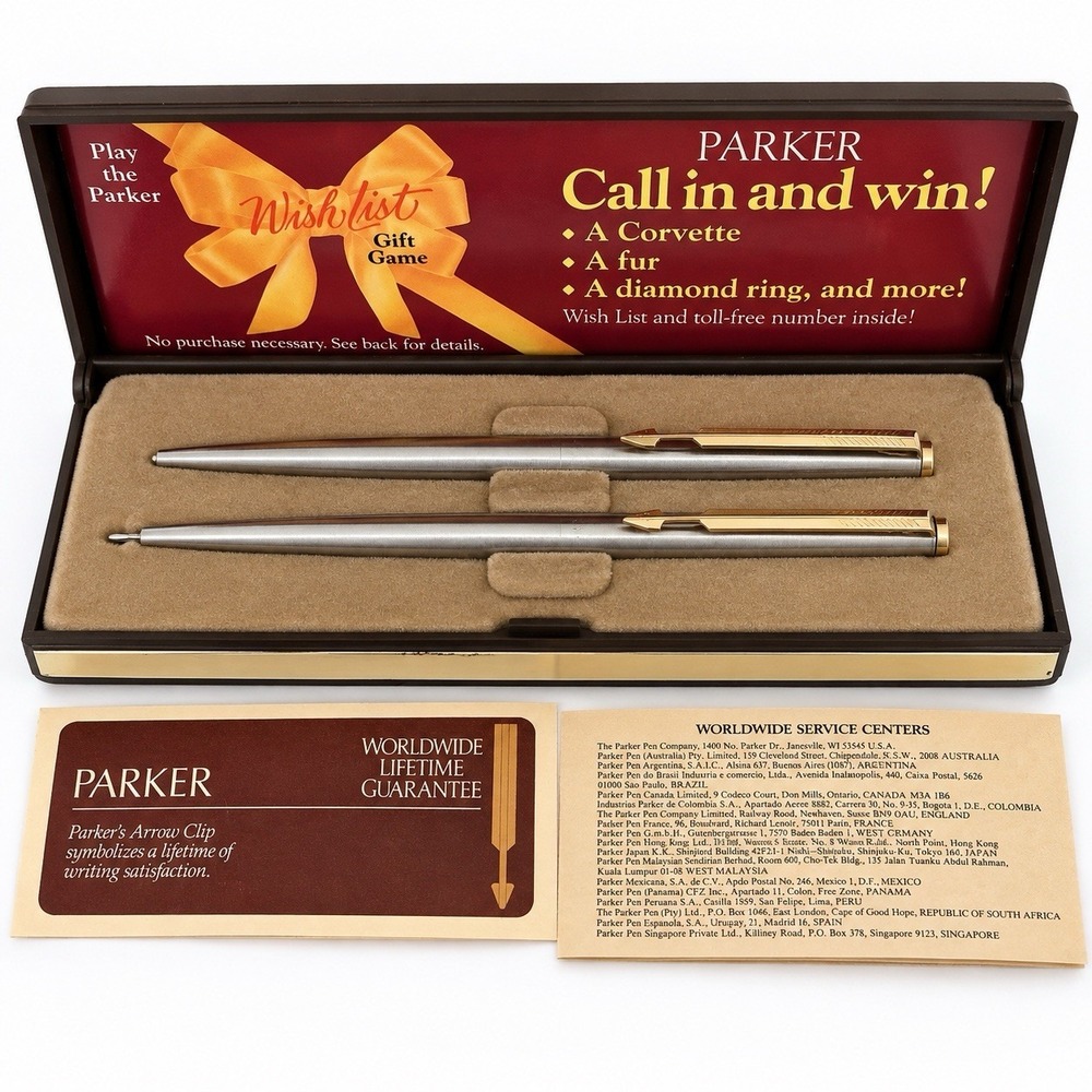 Vintage Parker 45 Flighter Deluxe Pen Pencil Set Gold Trim New Box Papers 1970s